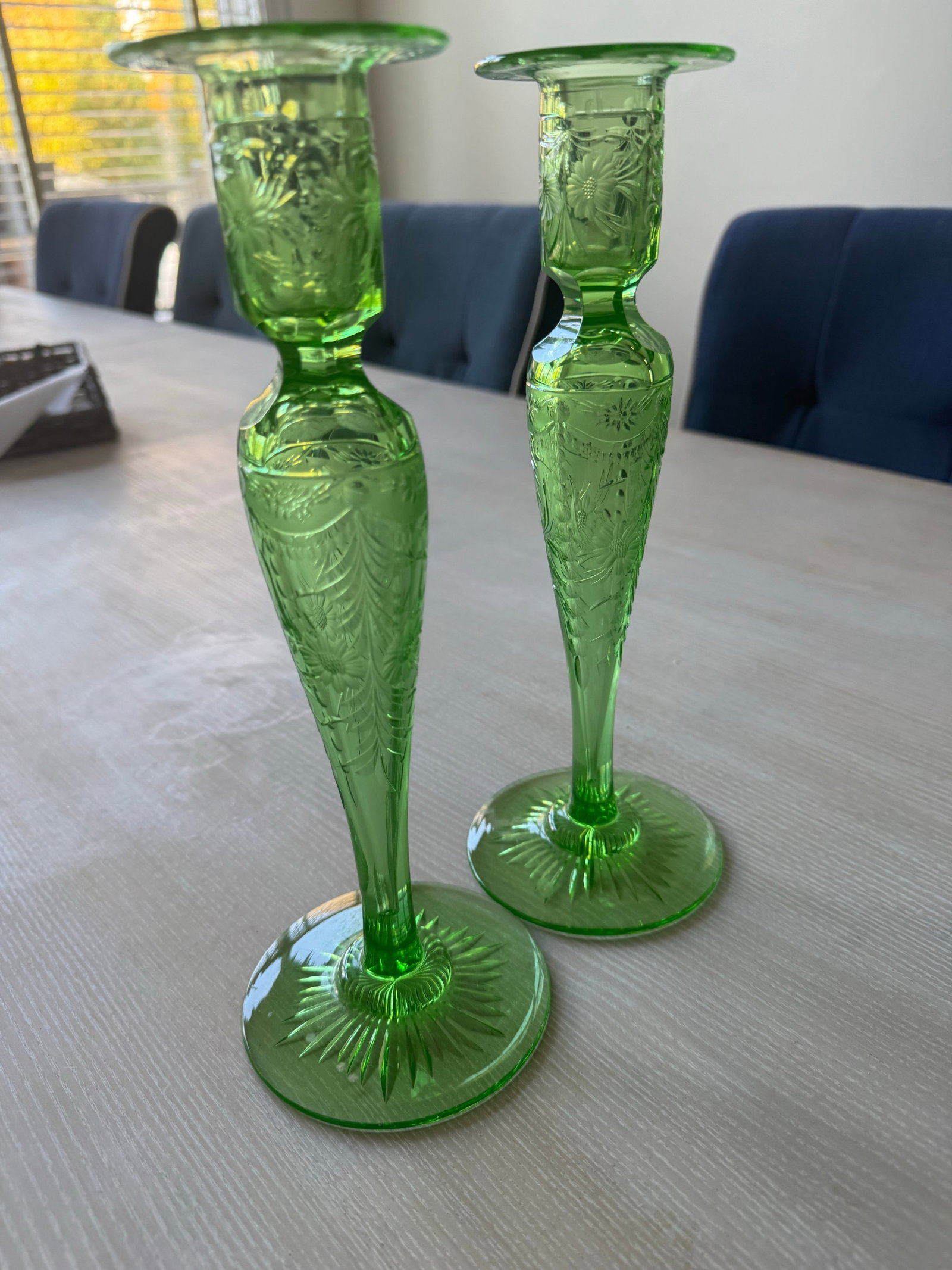 Pairpoint-Style Peridot Green Cut Glass Candlesticks - Circa 1930 - 4