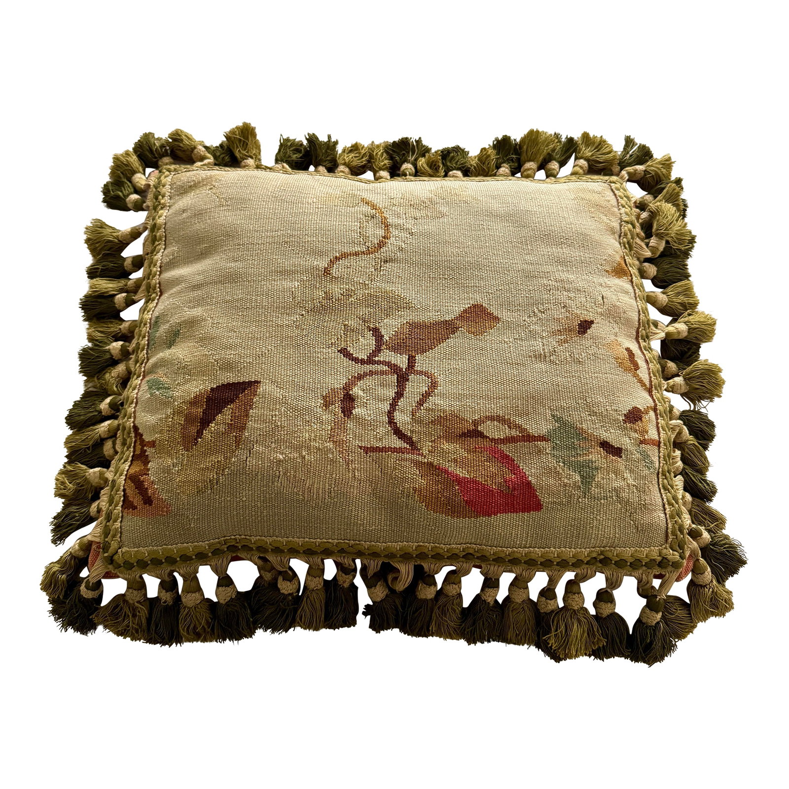 19th Century Aubusson Pillow With Passementerie Trim: Listing is for a 19th century Aubusson panel that has been mounted to woven apricot fabric with fringe trim in olive green and tan. The lumbar form is sewn shut. Provenance: Iris Apfel estate 12" x 16