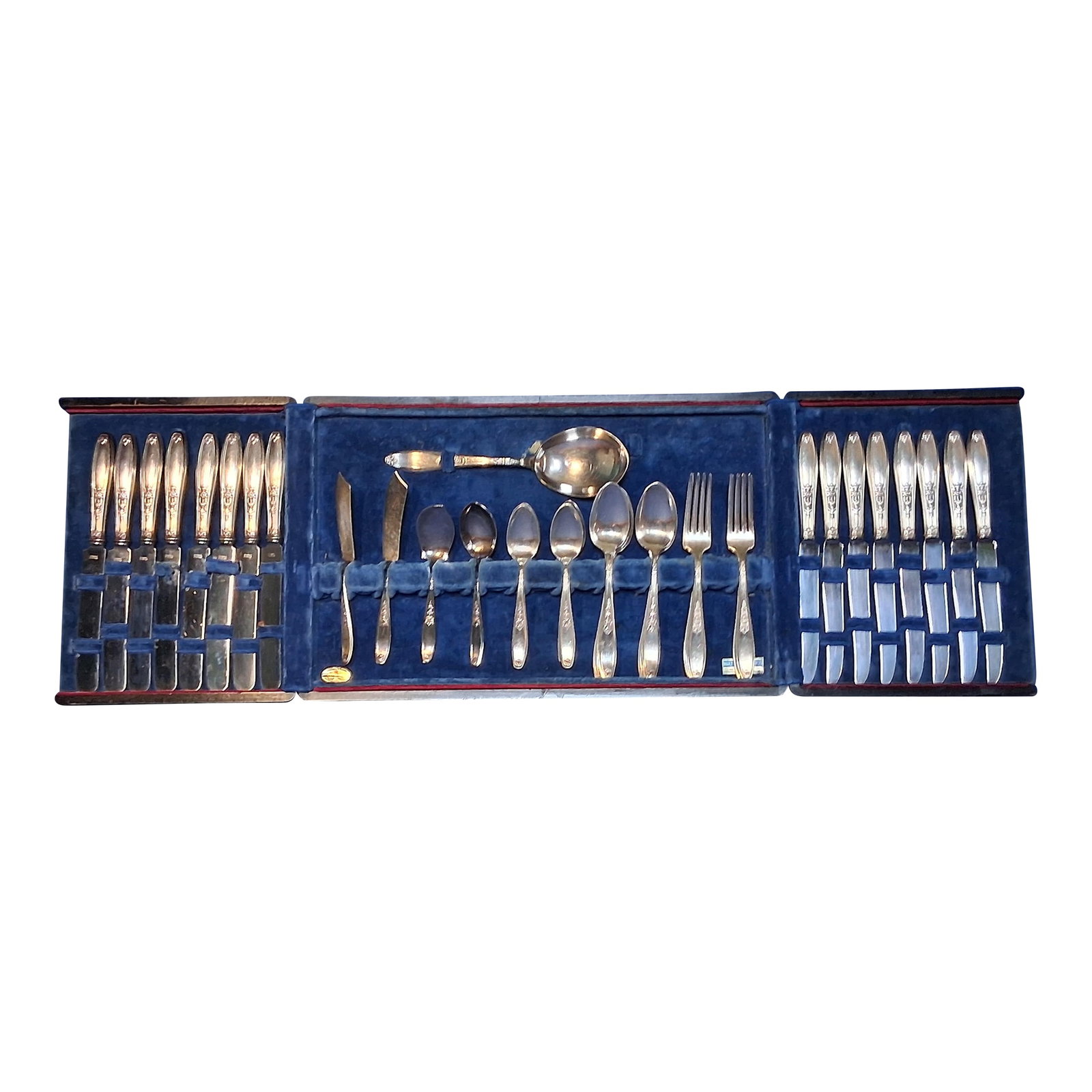C 1910s International Silver Co. Ambassador Silver Plate Flatware Set Service for 8-46 Pieces Total: This early American silverplated flatware set with service for eight was made by the International Silver Co. and is stamped with their 1847 Rodgers Brothers mark which they used from 1898-1970's. Thi