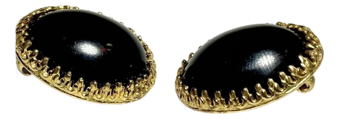 MCM Jewelry by French Designer Zoe Coste: Elegant Clip-on Earrings: These elegant clip-on earrings were created by French designer Zoe Coste, The earrings are 21mm.x26mm., with a combined weight of 13.5 grams. The design features black onyx like cabochons set in ornat