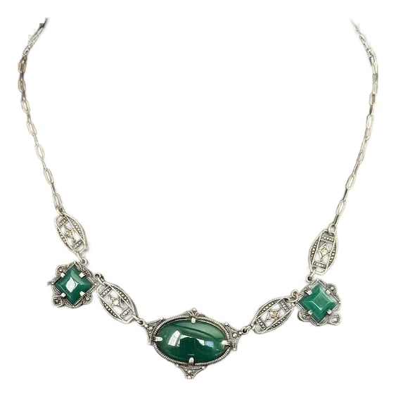 1920s rt Deco Sterling Chrysoprase and Marcasite Necklace: Elegant vintage Art Deco sterling silver, chrysoprase and marcasite necklace. Wonderfully crafted and skillfully designed this necklace is made from sterling silver and features linked panels
