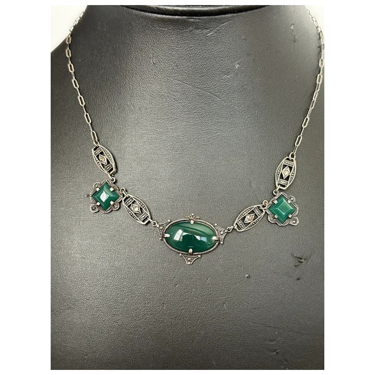 1920s rt Deco Sterling Chrysoprase and Marcasite Necklace - 2