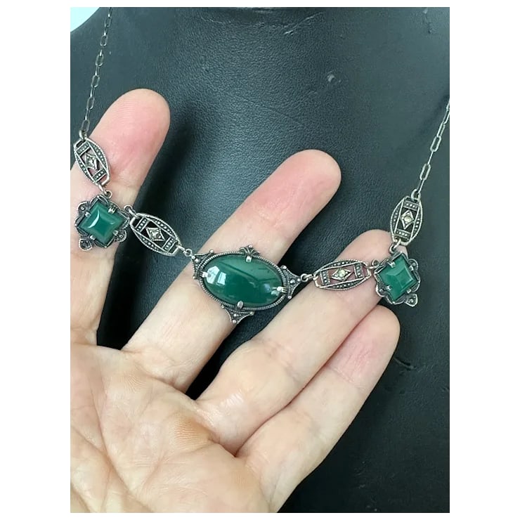 1920s rt Deco Sterling Chrysoprase and Marcasite Necklace - 3
