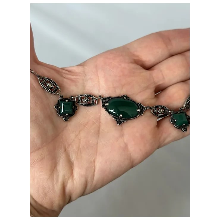 1920s rt Deco Sterling Chrysoprase and Marcasite Necklace - 4