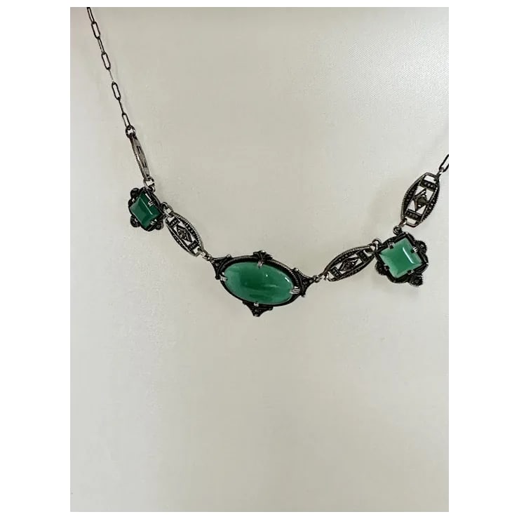 1920s rt Deco Sterling Chrysoprase and Marcasite Necklace - 7