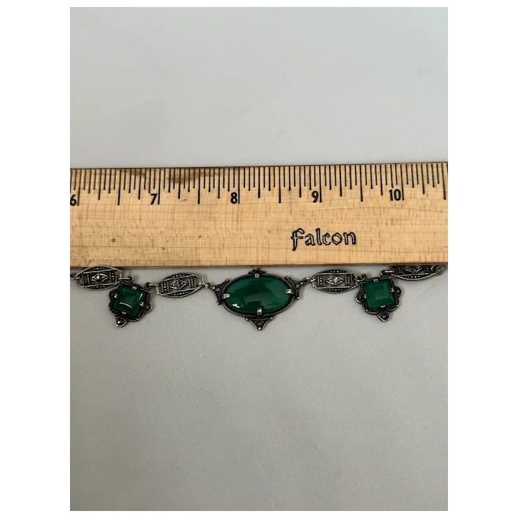 1920s rt Deco Sterling Chrysoprase and Marcasite Necklace - 8