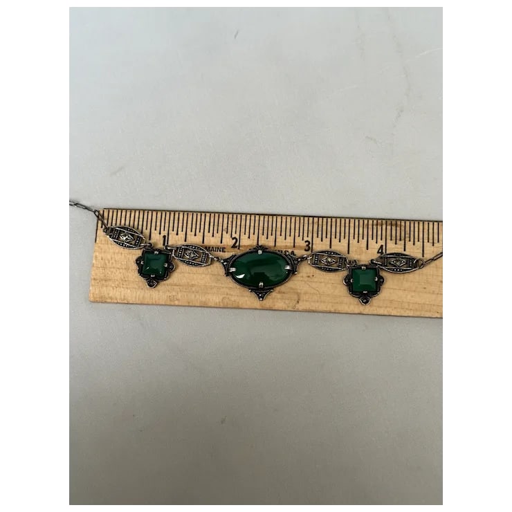 1920s rt Deco Sterling Chrysoprase and Marcasite Necklace - 9