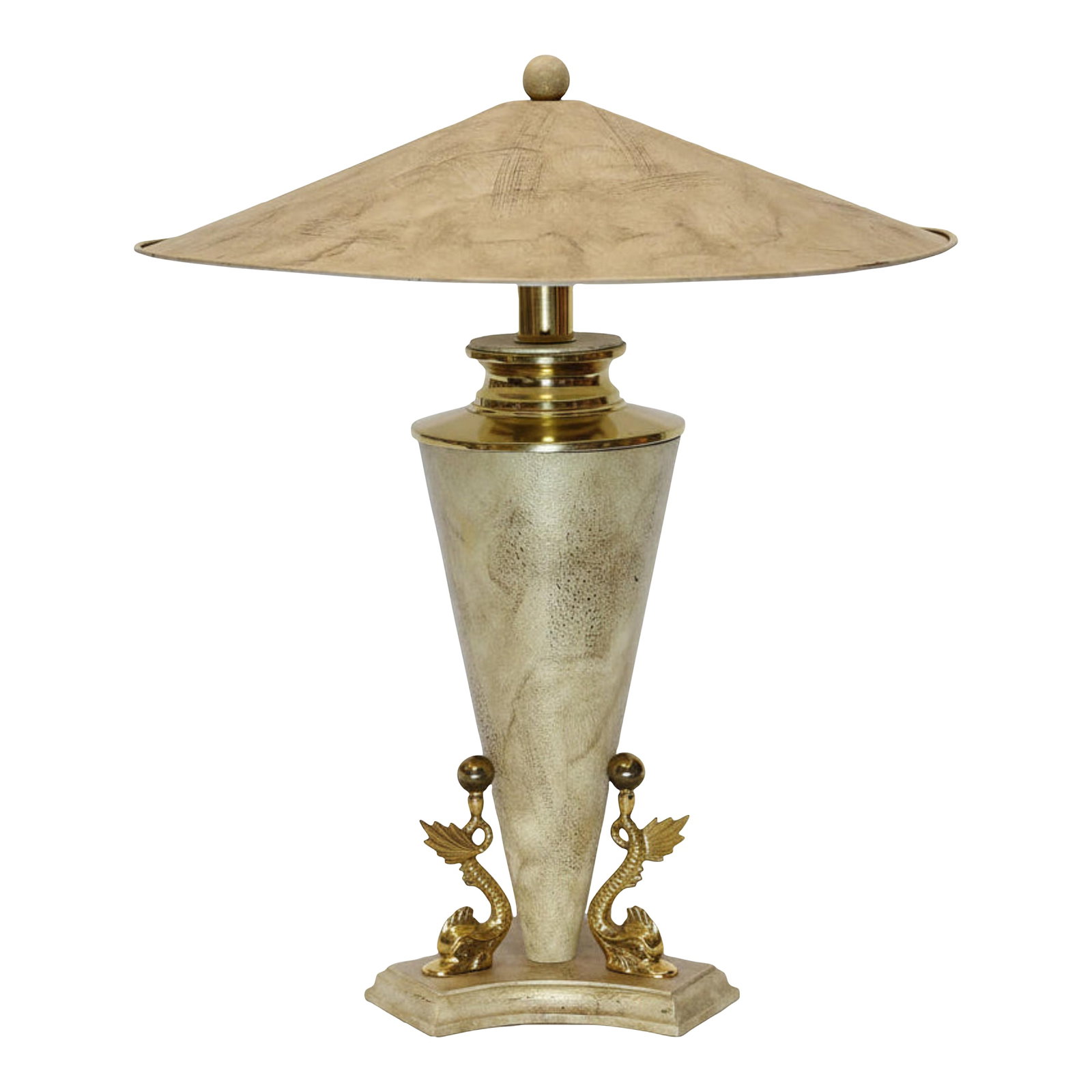 Asian Modern Table Lamp by Bauer Lamp Co: Modernist lamp has cone shaped body with 3 solid brass koi fish at the bottom., matching metal shade. The Bauer Lamp Co. was renowned for its design and craftsmanship. Dual sockets - candelabra base.