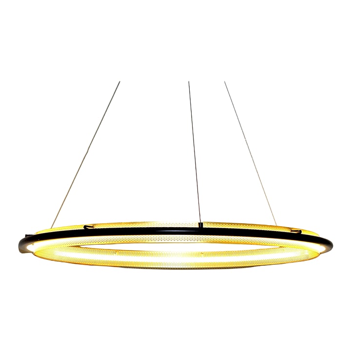 Large West Elm Hoop Pendant Light | Unused: This single hoop pendant chandelier light has a brass metal perforated piece lit by a led light. Adjustable height. Dimensions: 38 in H x 34 in dia. Condition: new, unboxed, never installed.