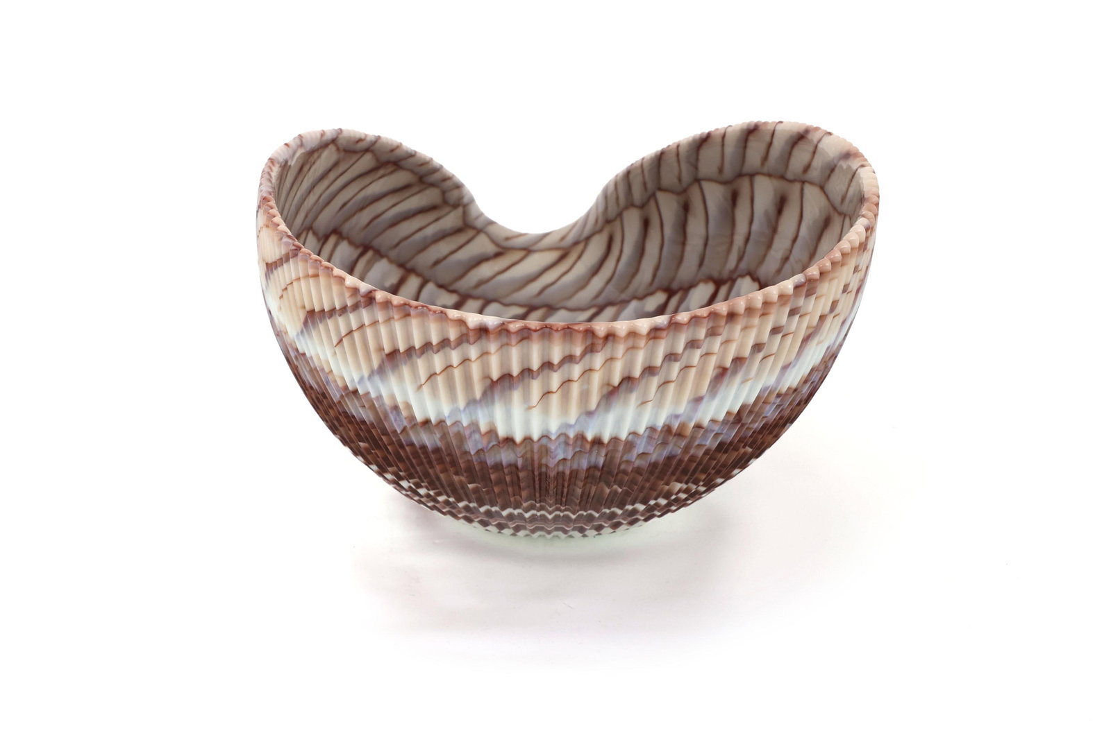 Large Yalos Murano Shell Ivory and Brown Glass Bowl - Folded Glass Centerpiece - 11