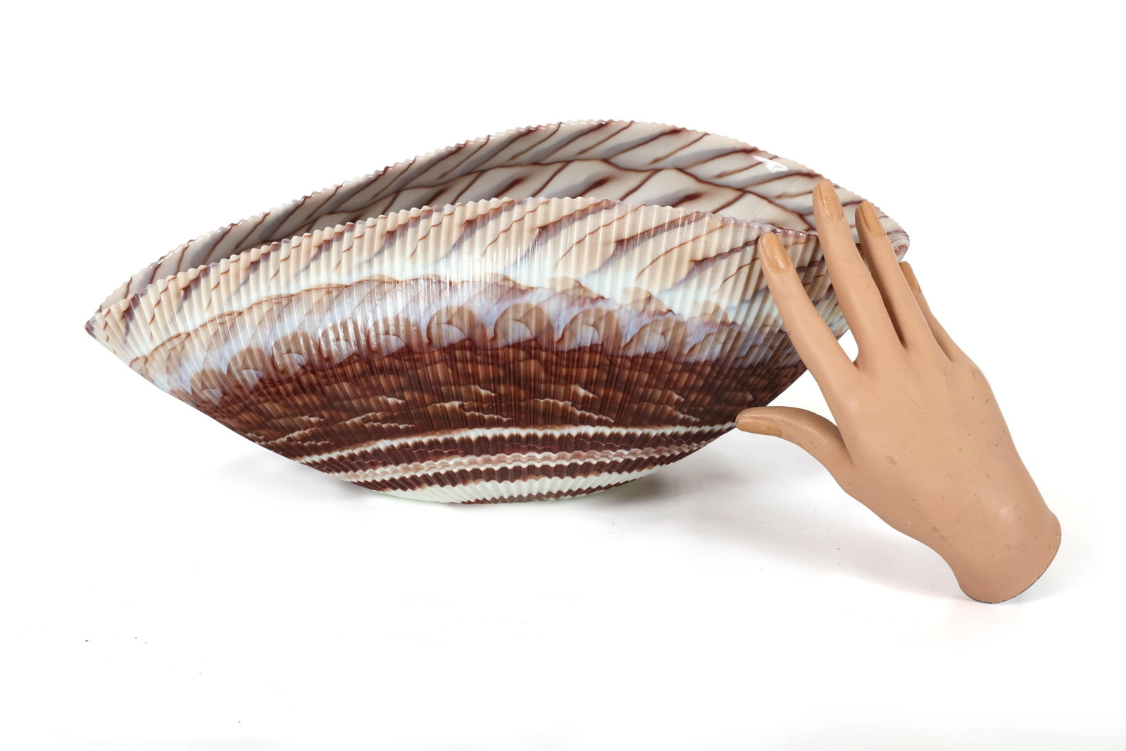 Large Yalos Murano Shell Ivory and Brown Glass Bowl - Folded Glass Centerpiece - 13