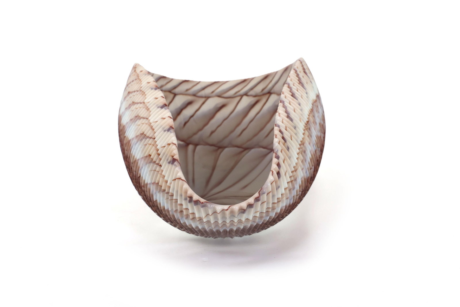 Large Yalos Murano Shell Ivory and Brown Glass Bowl - Folded Glass Centerpiece - 9