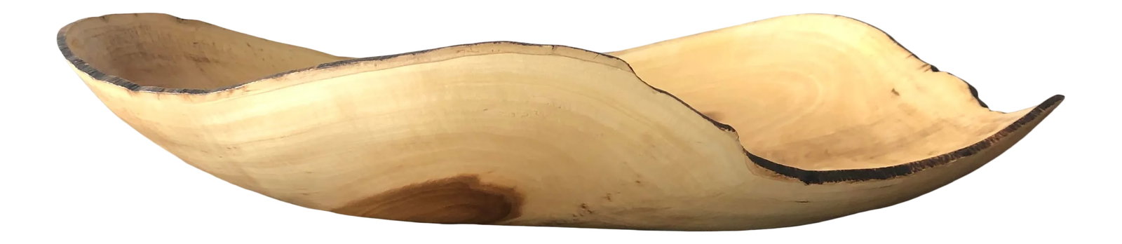 2010's Modern Steve Miller Natural Poplar Wood Hand Turned Bowl: This Steve Miller, Large, Hand Turned, Poplar, Wooden Bowl, has a free-form dark stained engraved rim. Due to the finish, this piece is suitable for dry objects, not suitable for moist objects like