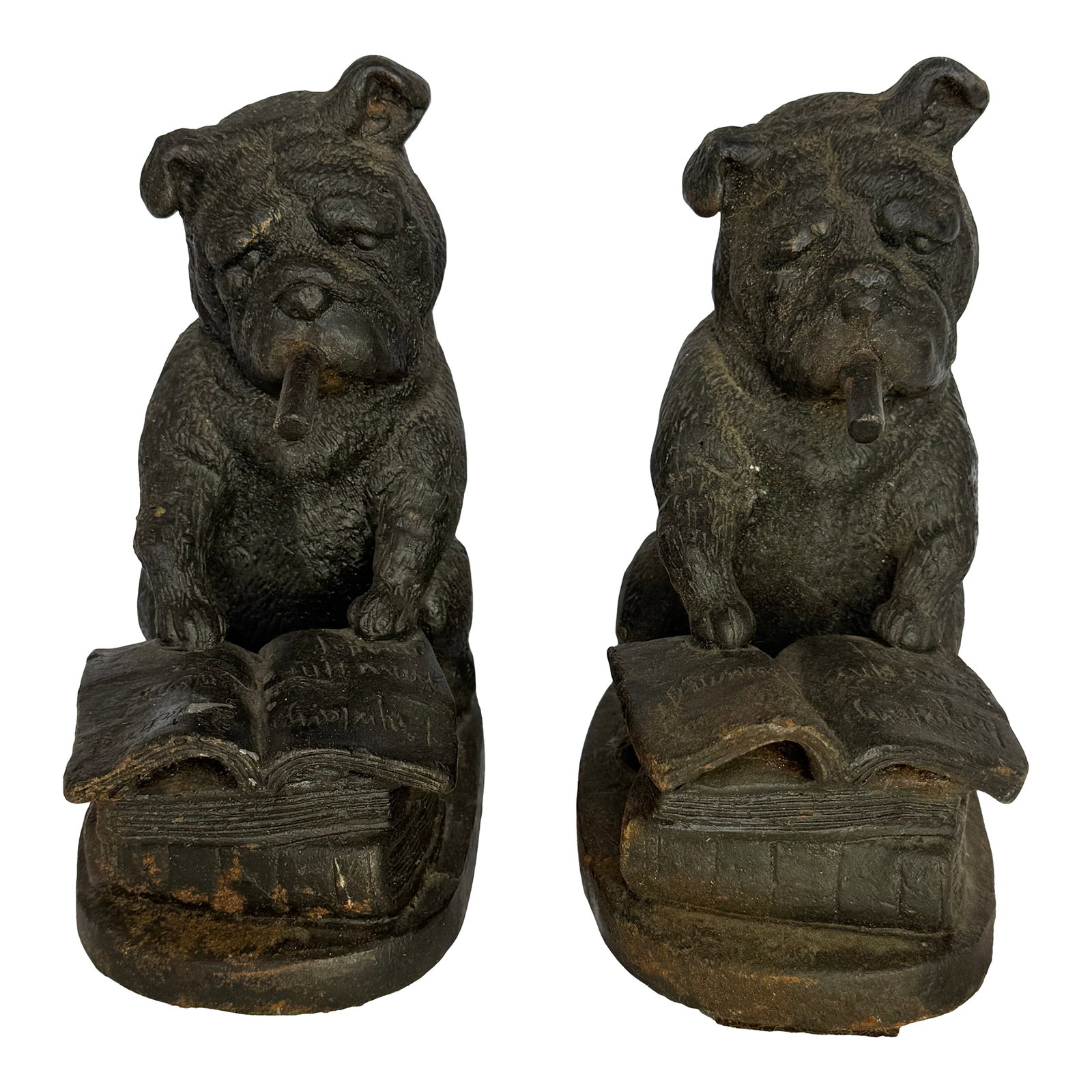 1920s Cast Iron Bulldog Cigar Bookends: Adorable Cast Iron Bulldogs smoking a cigar! Condition: Alterations: Original Condition Unaltered Imperfections: Some Imperfections Condition Notes: Perfect Condition Origin: United States Materials