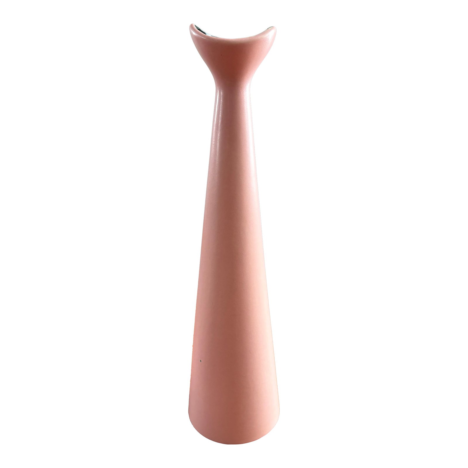 Birds Mouth Tall Tapered Vase After Malcolm Leland: Tall slender vase with flared opening designed as a Birds mouth. This is designed after a popular Malcom Leland Architectural Pottery form. Matte pink outer glaze with glossy black inner. 17" tall. Un