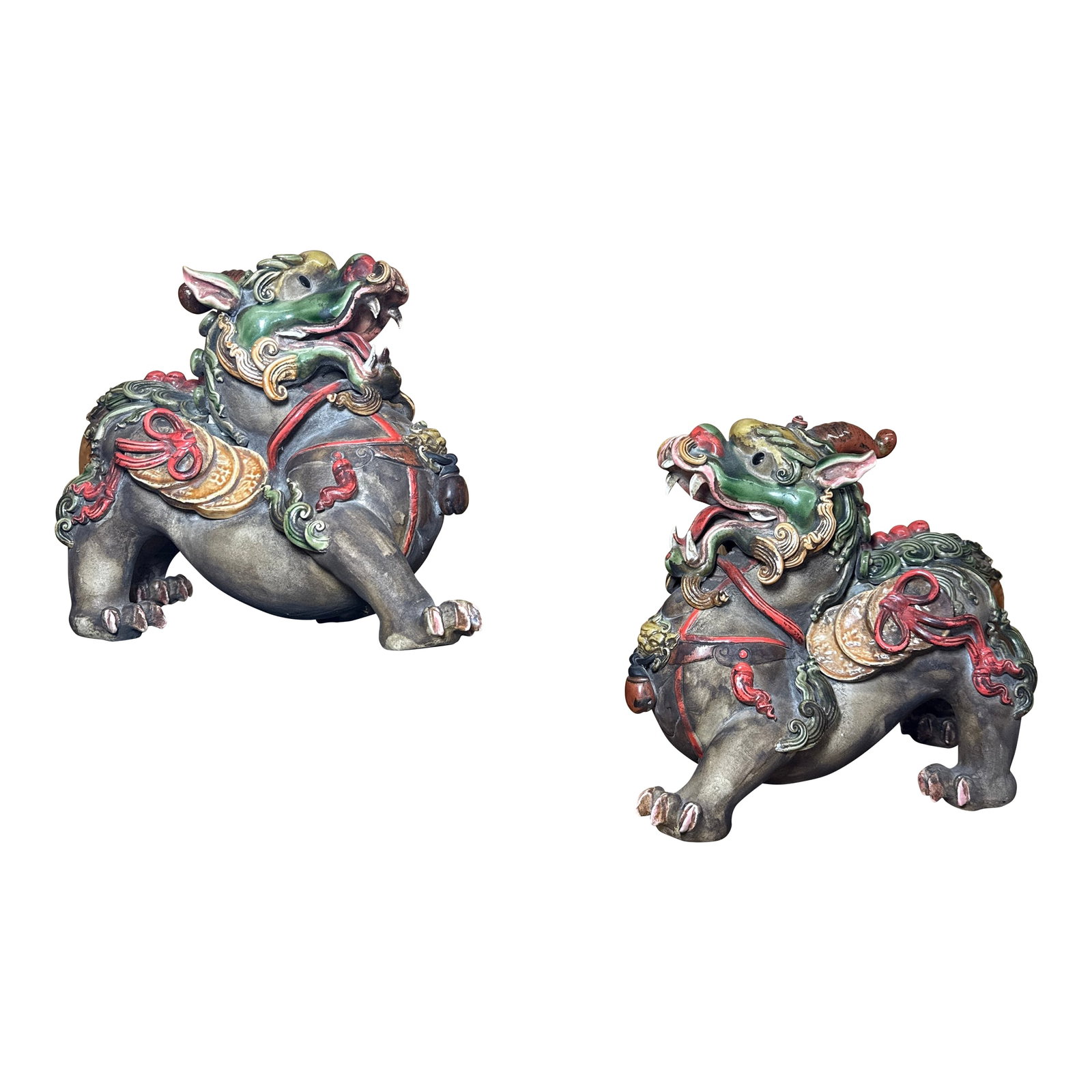 Antique Earthenware Pixiu Statues Gods and Protectors of Prosperity Pixiu Are From the Han Dynasty (: Pixiu sculptures 12" long 8" tall 5 wide Beautifully hand crafted I Earthenware. Lavish personality and amazing detail. No cracks or chips. Good guys to have around. In Chinese culture, the Pixiu is