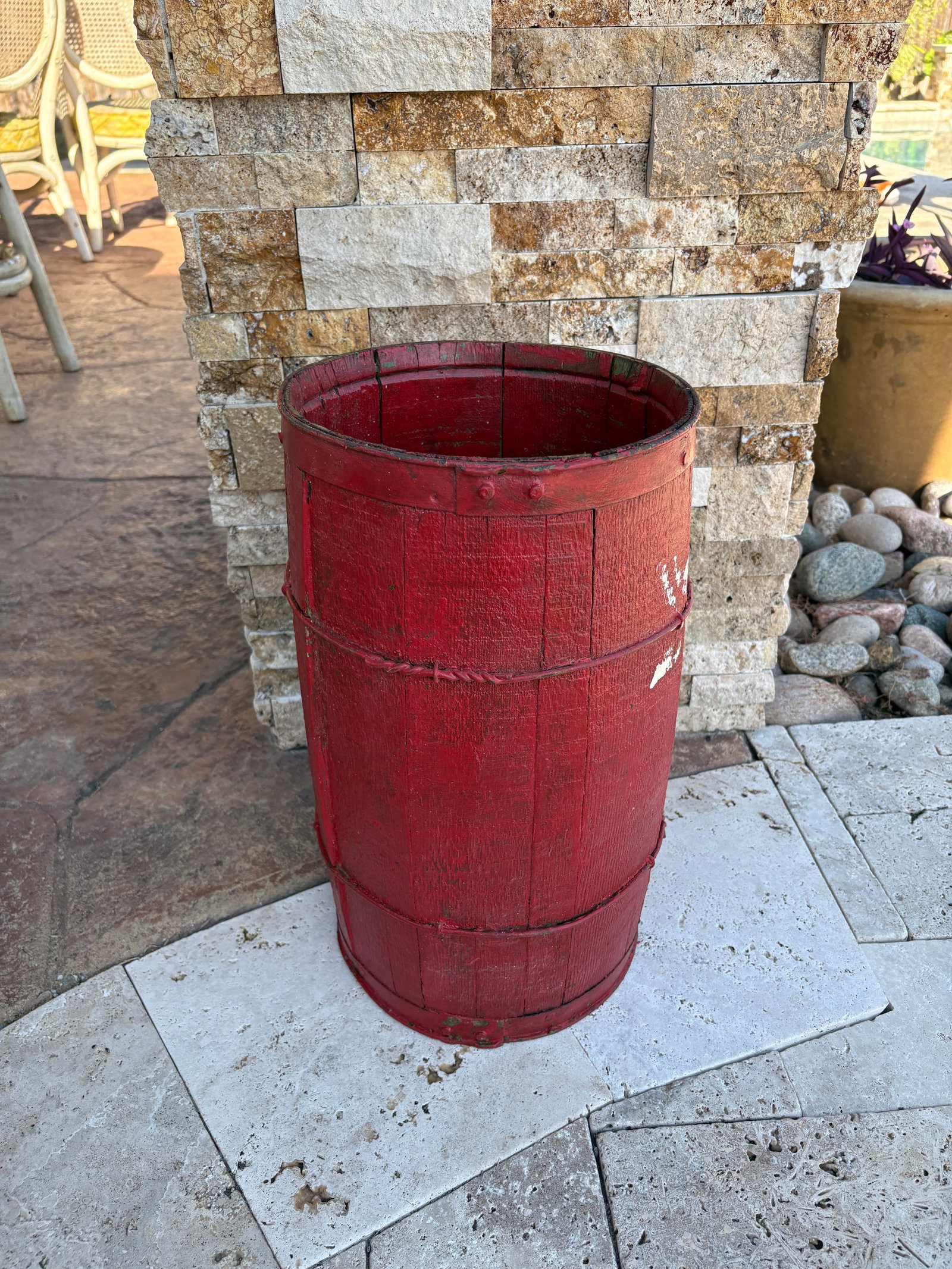 Antique Nail or Cask Barrel Painted Red With Twisted Metal Wire Bands - 10