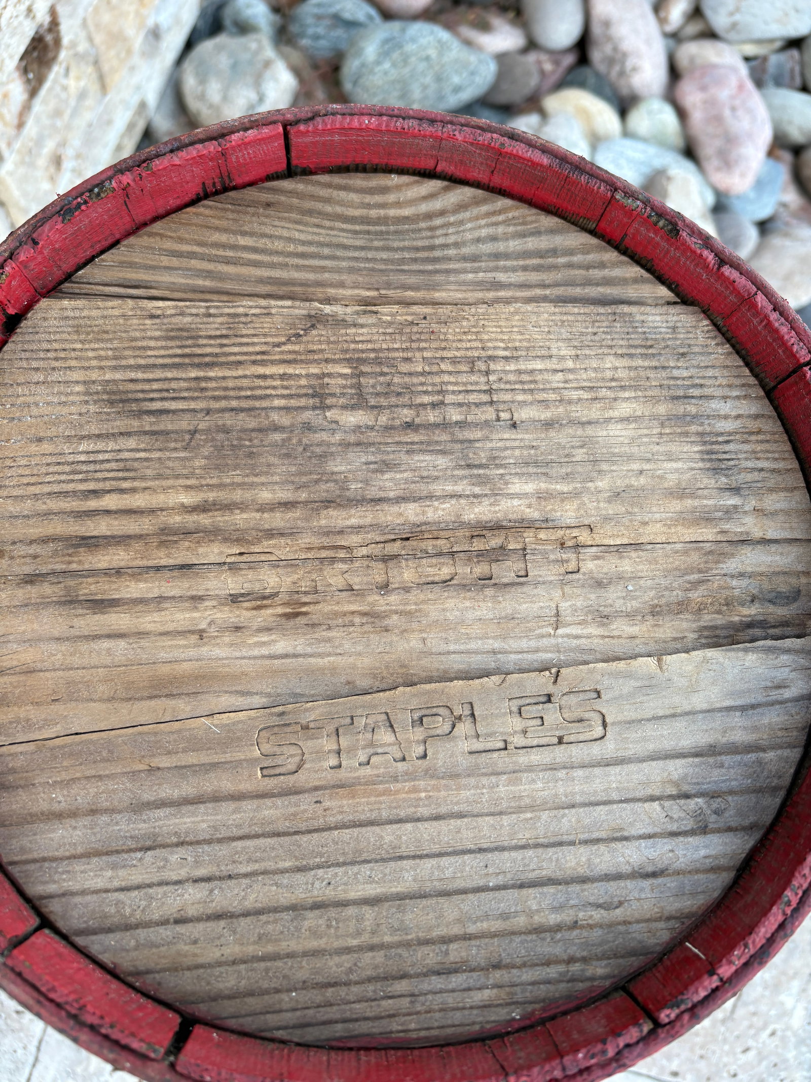 Antique Nail or Cask Barrel Painted Red With Twisted Metal Wire Bands - 11