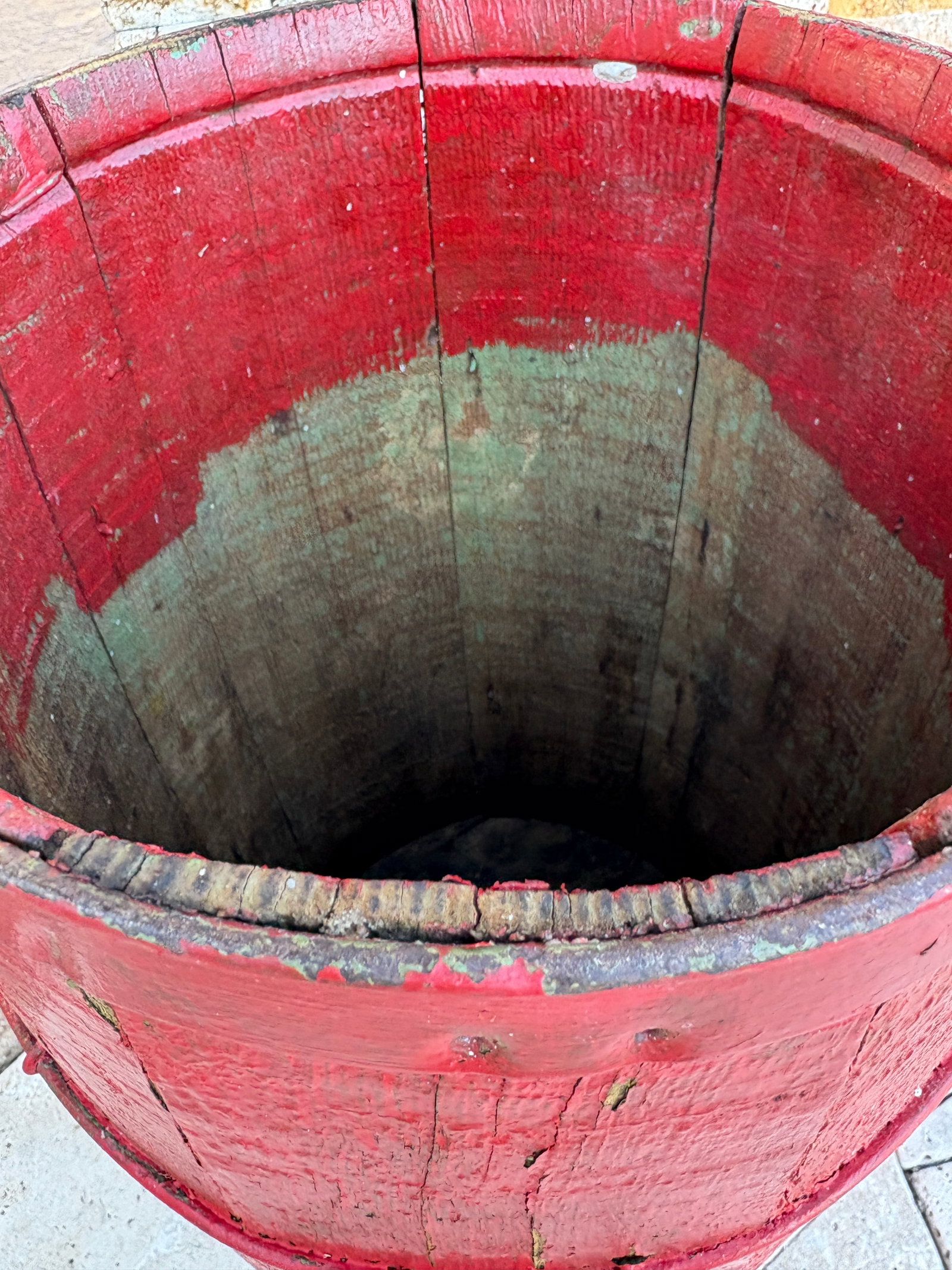 Antique Nail or Cask Barrel Painted Red With Twisted Metal Wire Bands - 12