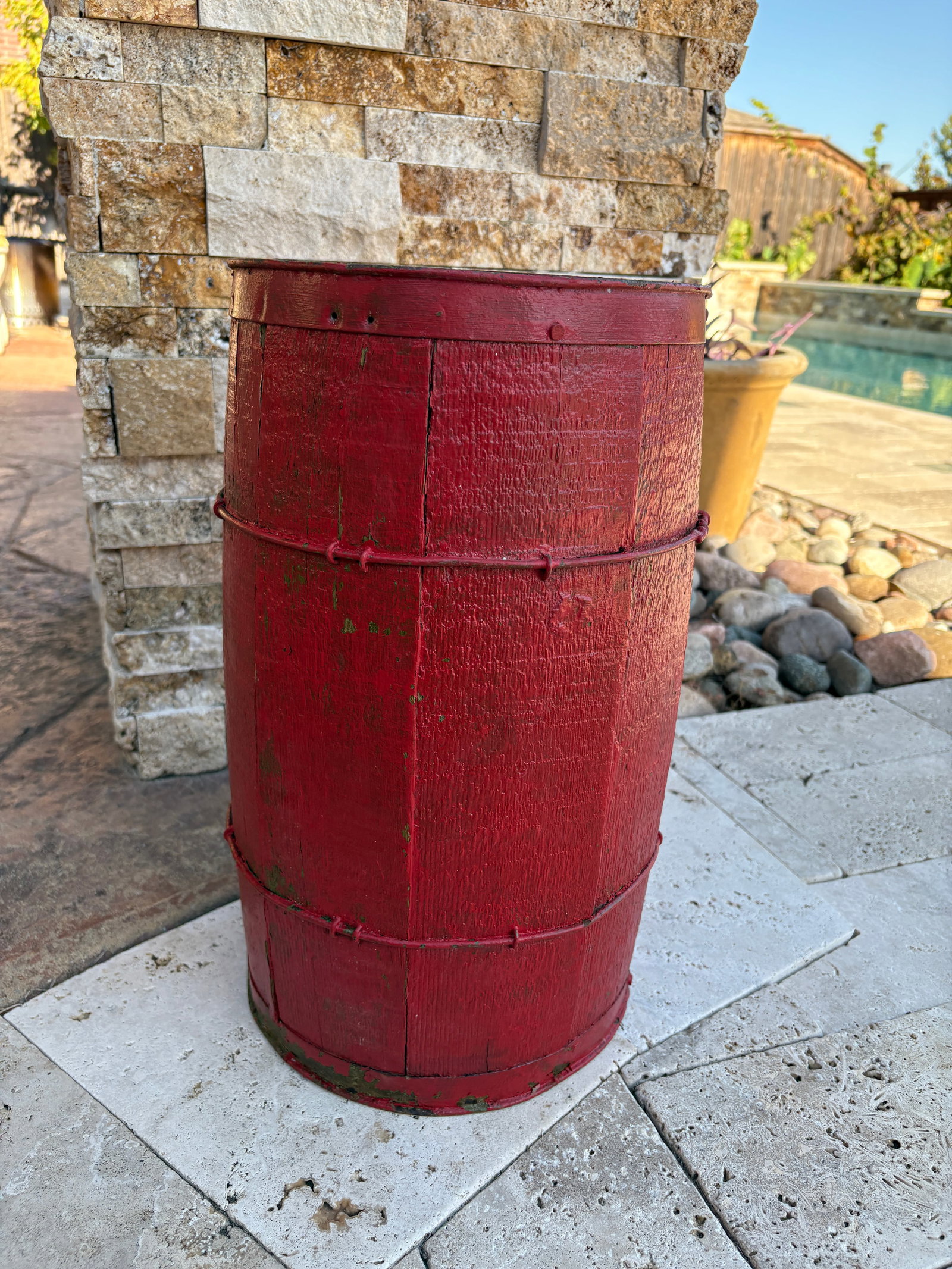 Antique Nail or Cask Barrel Painted Red With Twisted Metal Wire Bands - 2