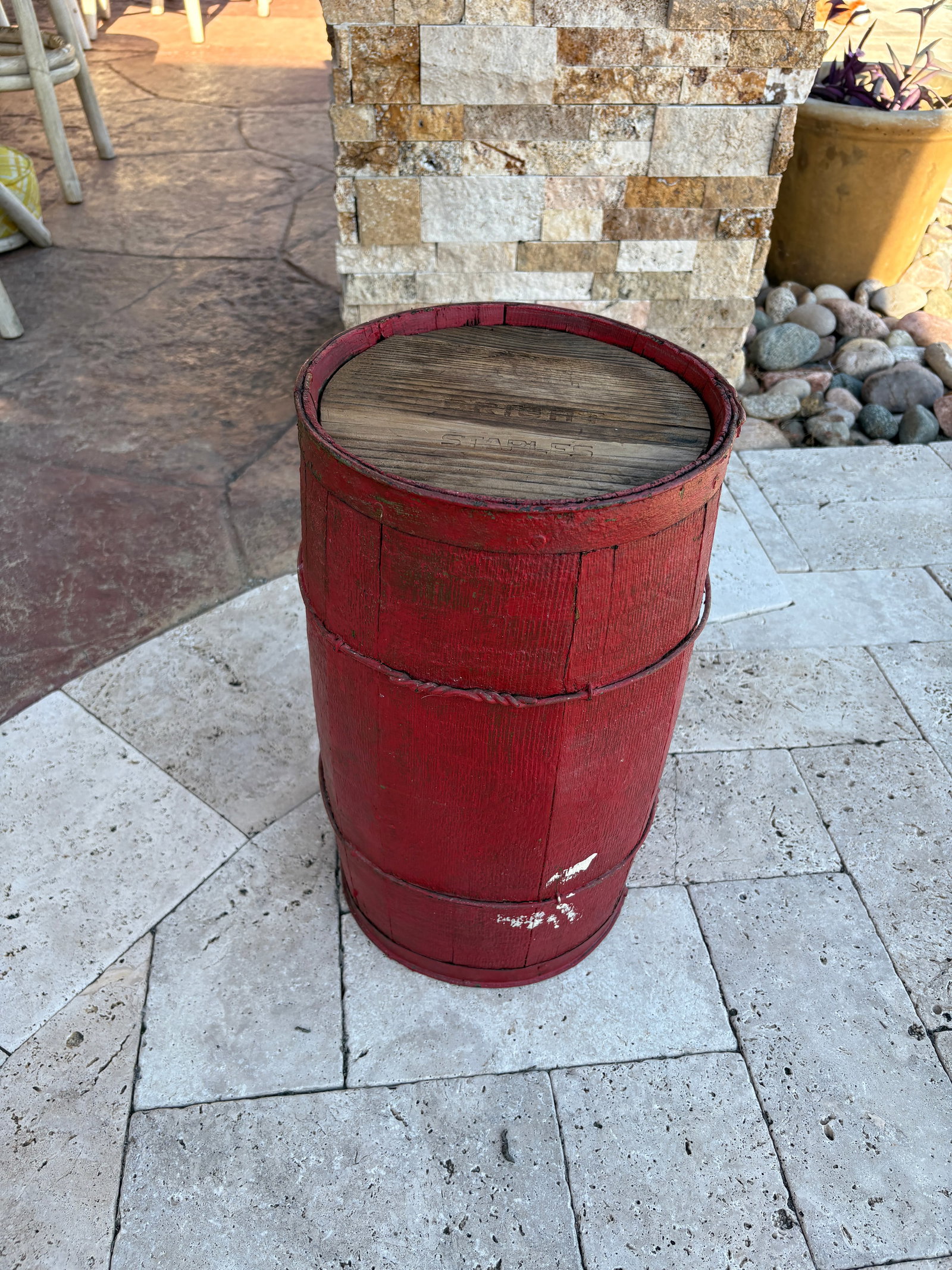 Antique Nail or Cask Barrel Painted Red With Twisted Metal Wire Bands - 3