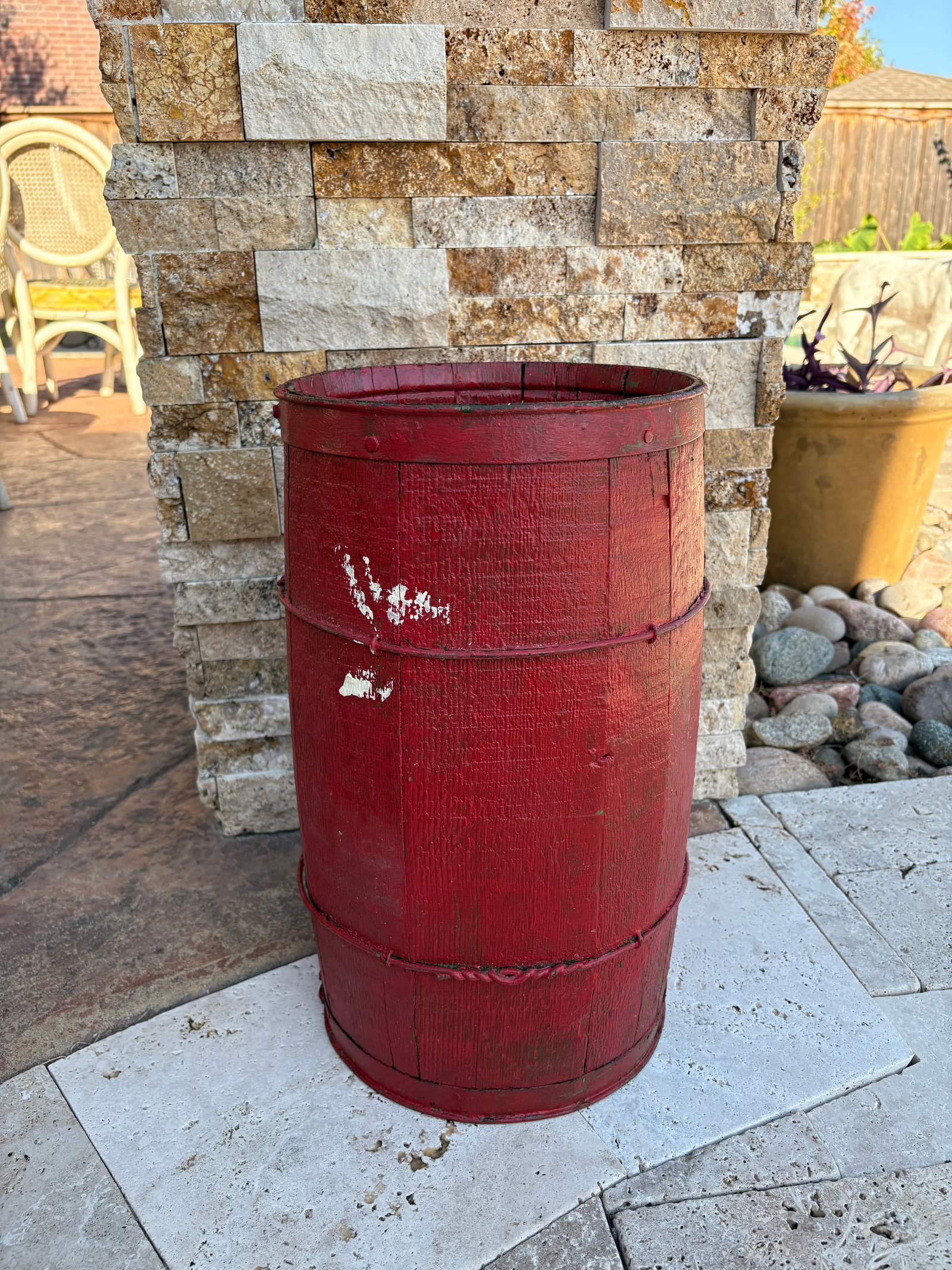 Antique Nail or Cask Barrel Painted Red With Twisted Metal Wire Bands - 4