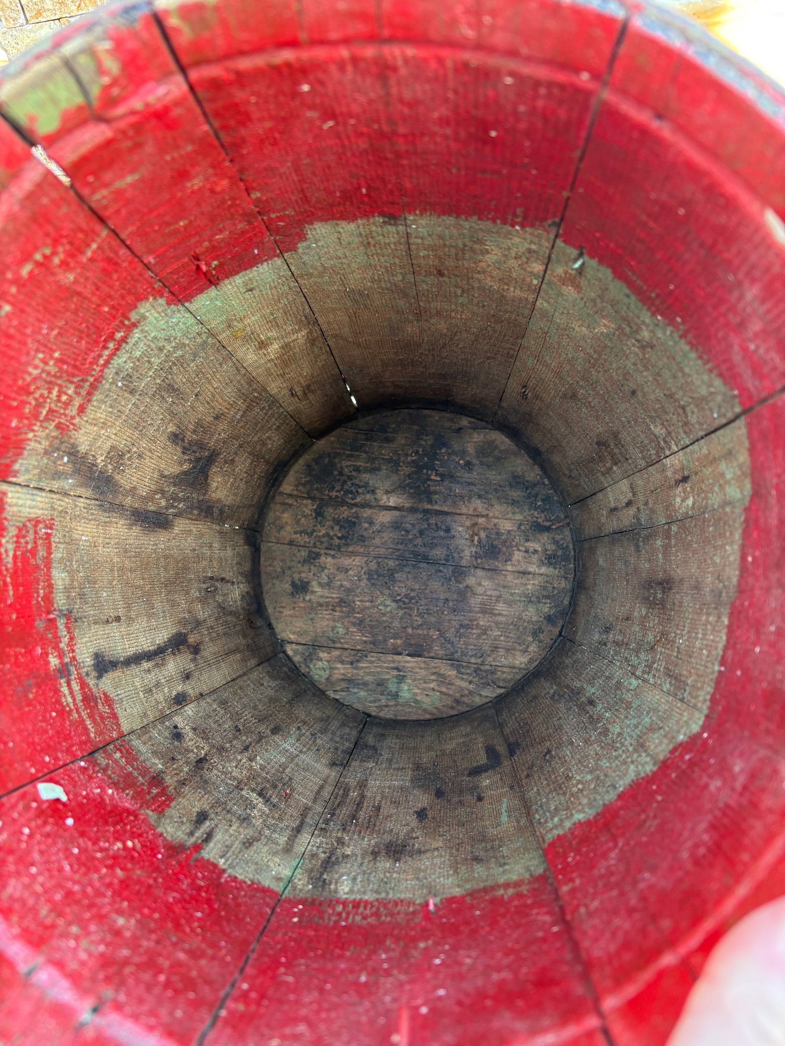 Antique Nail or Cask Barrel Painted Red With Twisted Metal Wire Bands - 5