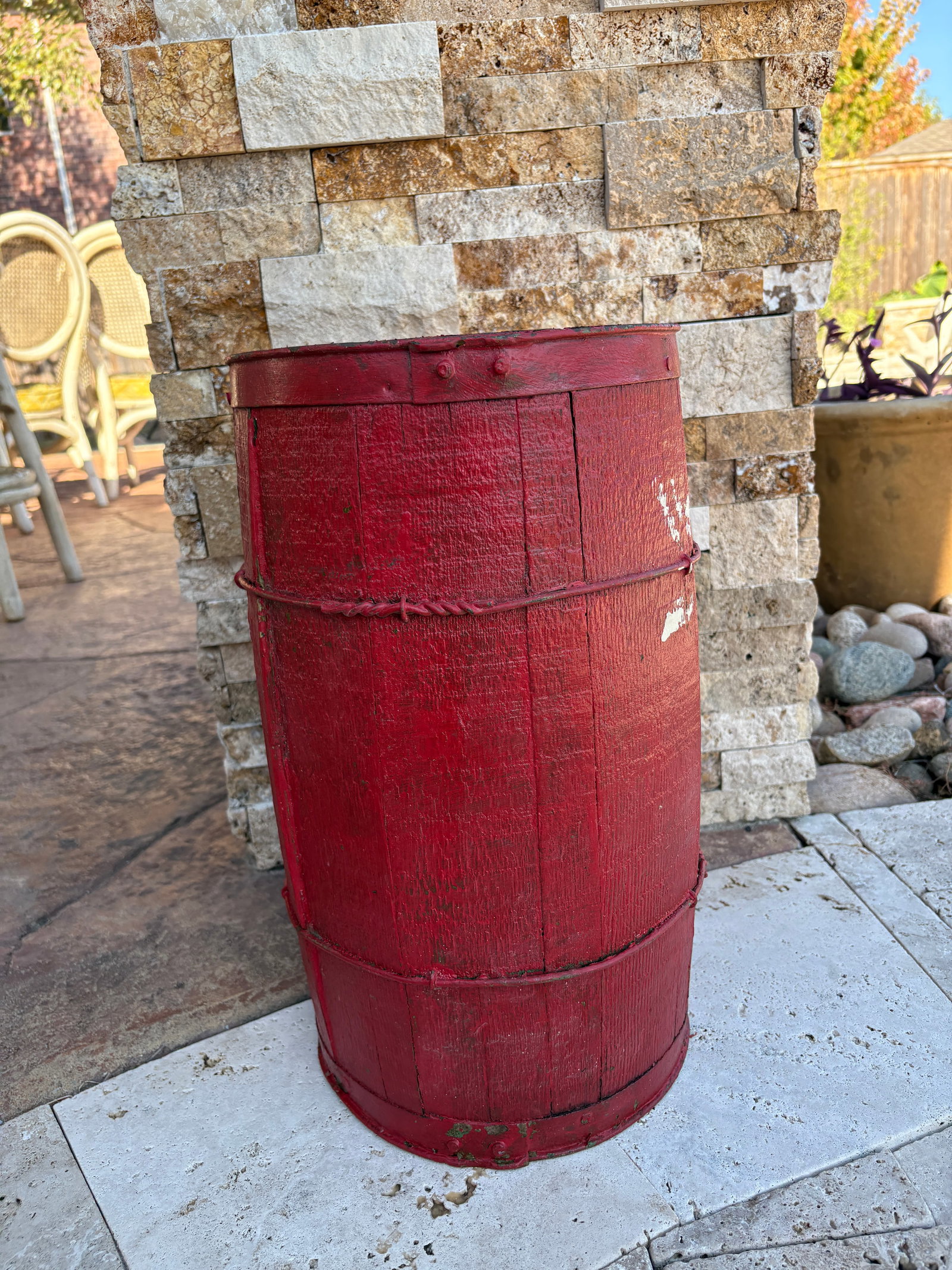 Antique Nail or Cask Barrel Painted Red With Twisted Metal Wire Bands - 6