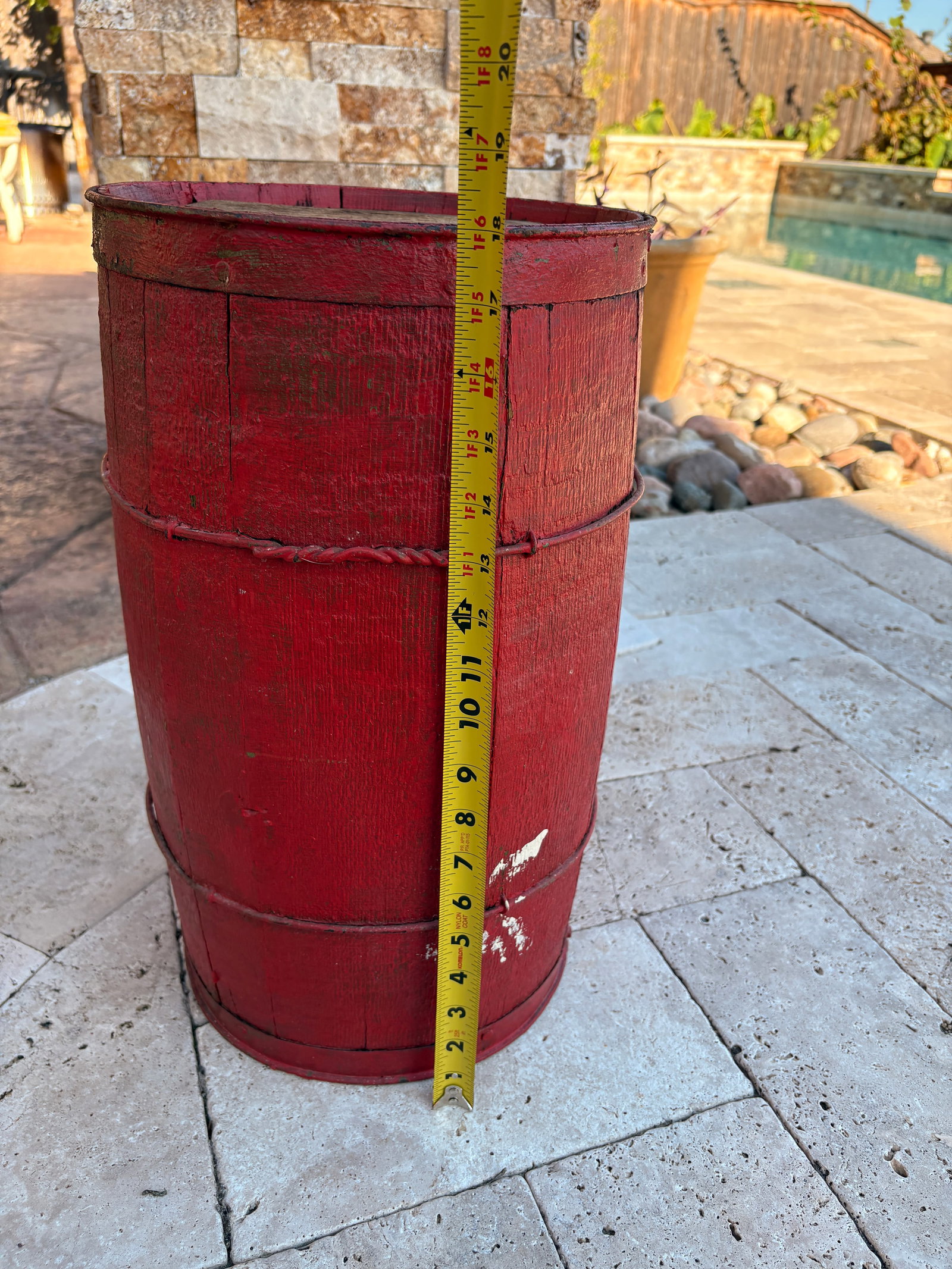 Antique Nail or Cask Barrel Painted Red With Twisted Metal Wire Bands - 7