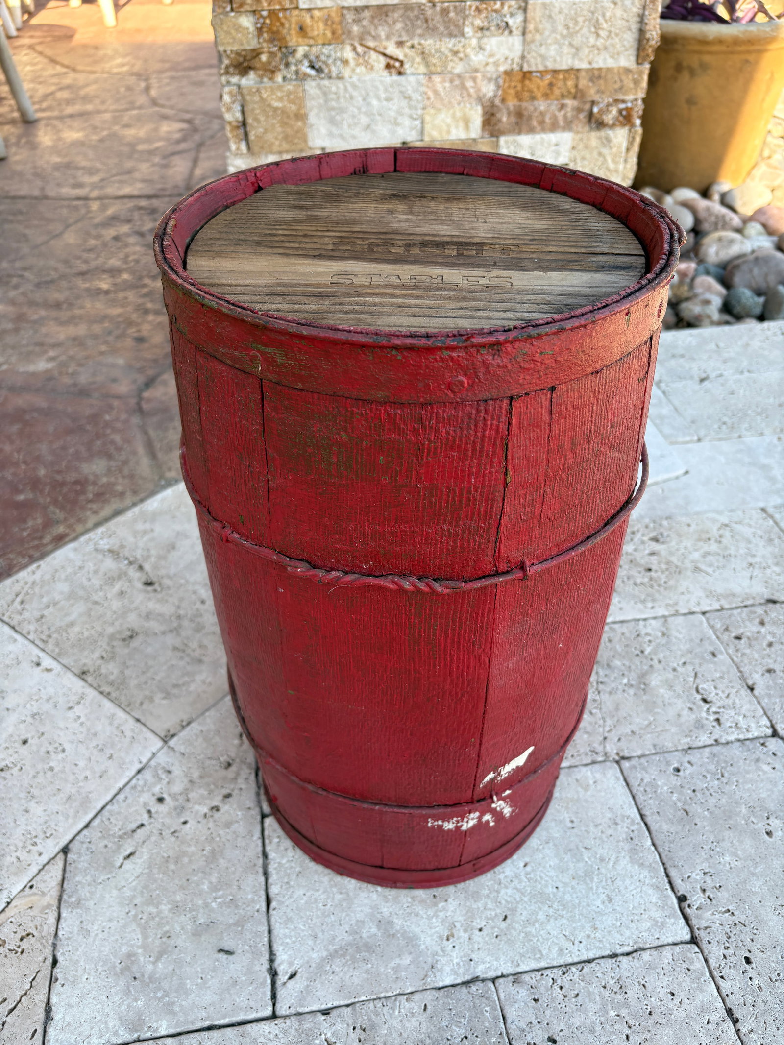 Antique Nail or Cask Barrel Painted Red With Twisted Metal Wire Bands - 8