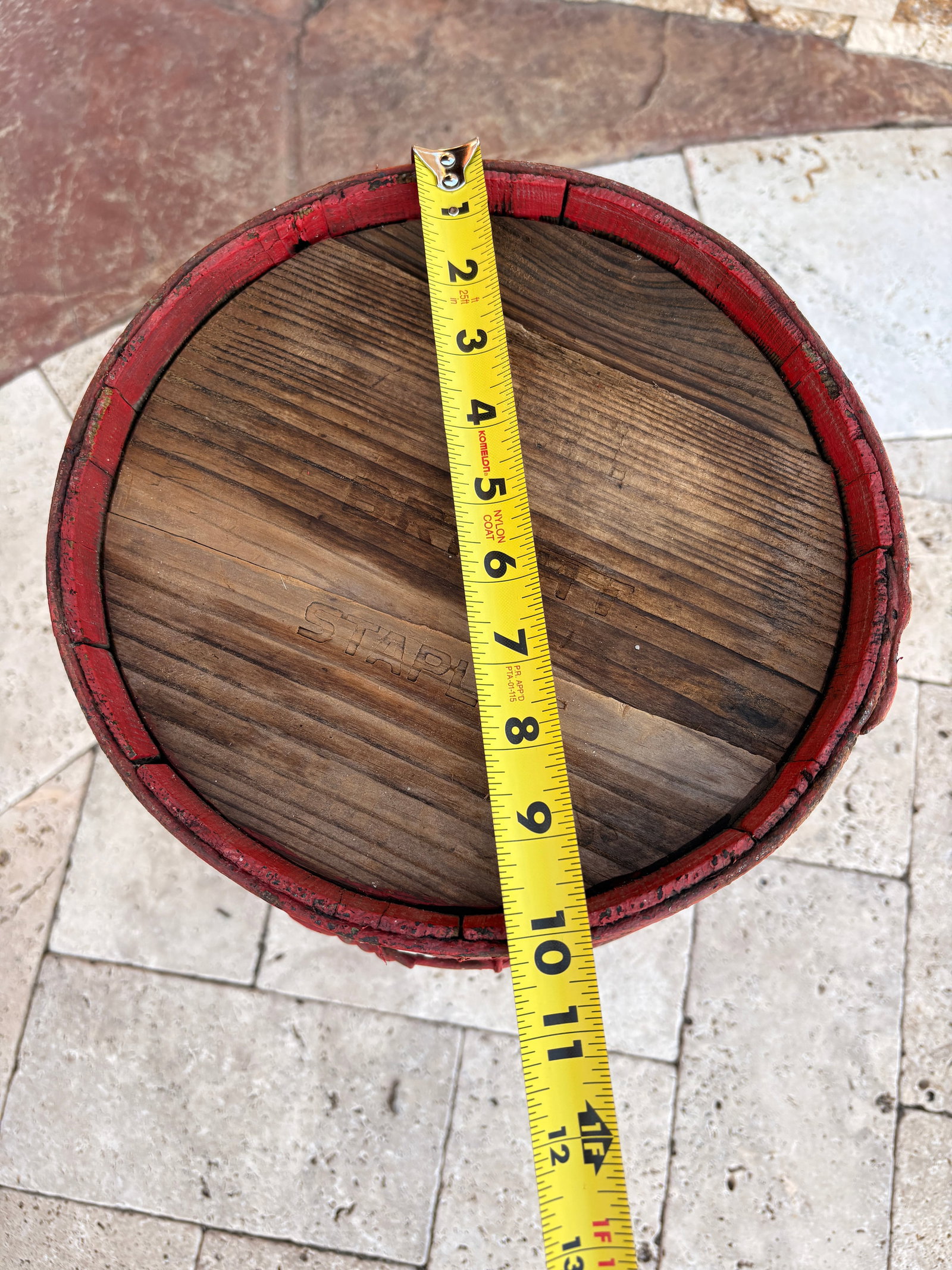 Antique Nail or Cask Barrel Painted Red With Twisted Metal Wire Bands - 9