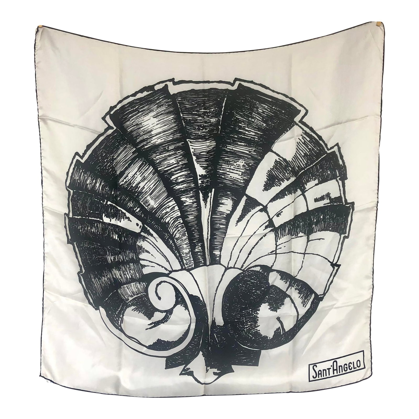 Georgio Di Sant'Angelo Silk Scarf Textile Panel: Designed by Georgio di Sant'Angelo (1933-1989) for Sally Gee, this vintage silk scarf has a stylized ancient Roman architectural shell motif. Made in Japan circa 1963, the vintage silk textile has han