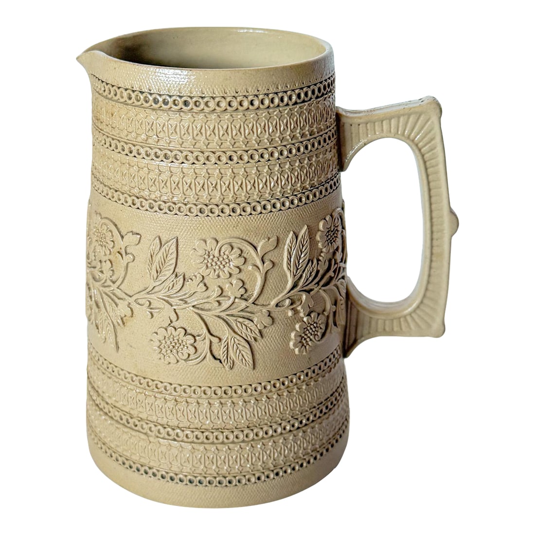 1870s English Traditional Copeland Caneware Pitcher Jug With Rouletted Decoration and Applied Sprigg: Beautiful and rare! A lovely 1870s Copeland Caneware Pitcher Jug With Rouletted Decoration and Applied Sprigging. Well documented, but a rare find today, especially in mint condition. . The detailing