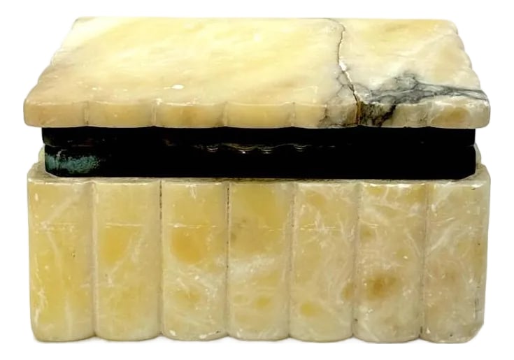 Mid-Century Alabaster Stone and Brass Trinket Box: This is a rare, delicate alabaster and brass jewelry box. This heavy stone box features carved scallop detailing. Measurements: 5.5"L x 4"W x 3"H Condition: Alterations: Original Condition Unaltered I
