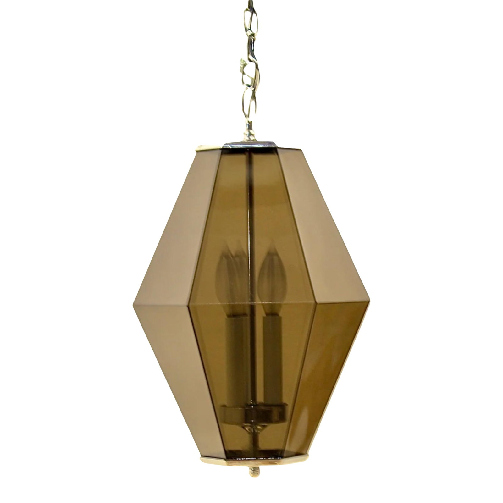 1970s 3 Light Smoky Gray Prism Pendant Light: Vintage pendant light from the mid century with 12 dark smoked plexiglass panes which dazzle when lit. Chromed metal detail. Inside are three candlestick light sockets, each holding chandelier sized b