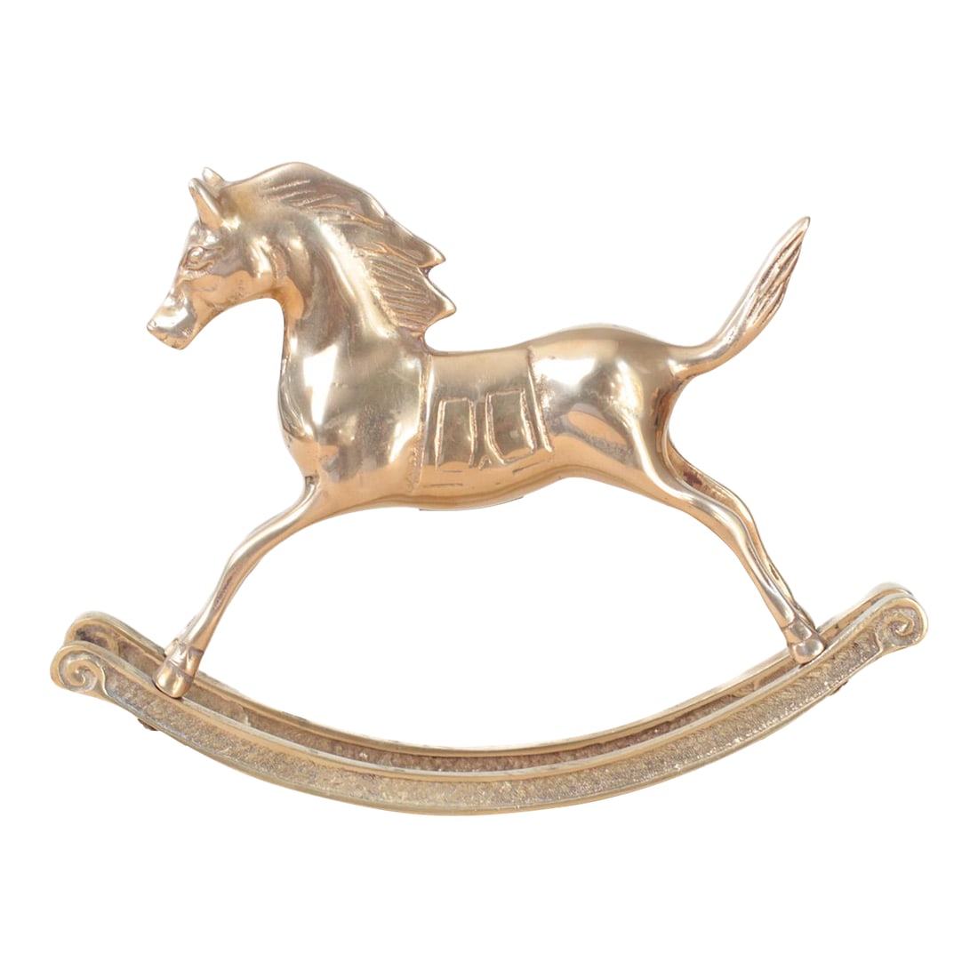 Mid-Century Solid Brass Rocking Horse, Whimsical Home Decor: Vintage solid brass rocking horse figurine with a sleek, sculptural silhouette and gently arched double base. The polished surface highlights the craftsmanship and warm golden tone of the brass. A