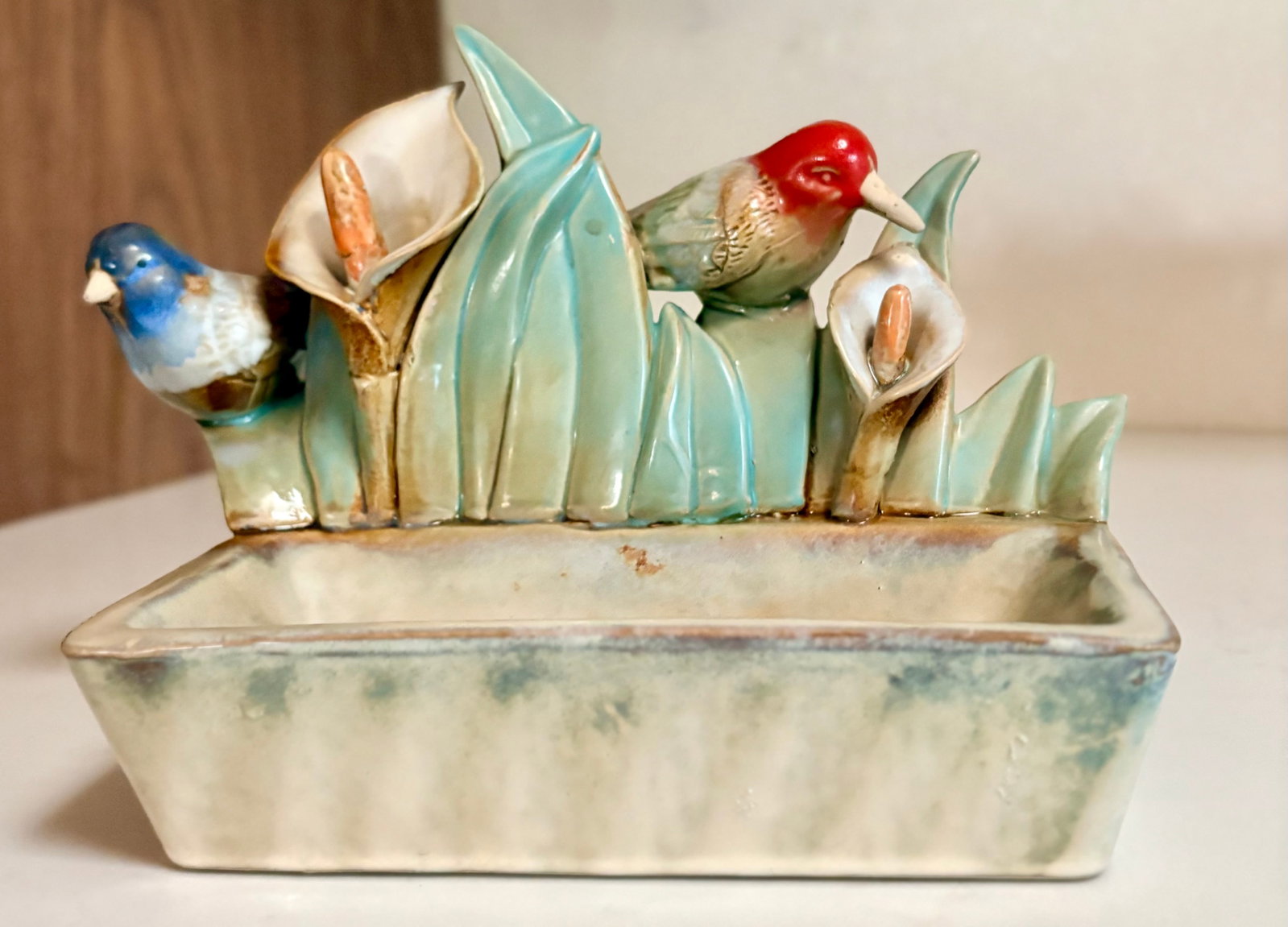 Mid 20th Century Bird and Flower Ceramic Figurine Catchall Planter - 3