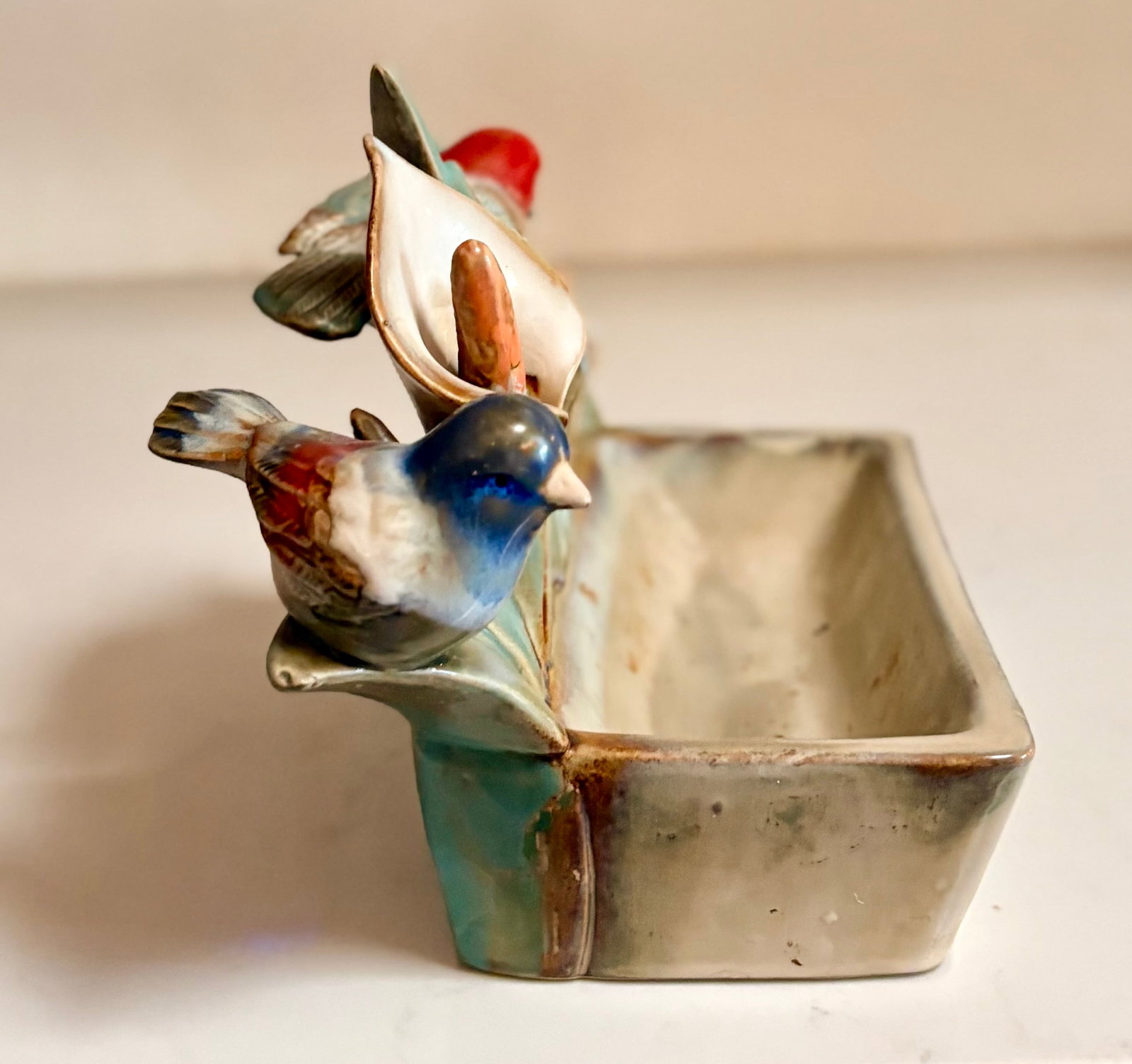 Mid 20th Century Bird and Flower Ceramic Figurine Catchall Planter - 4