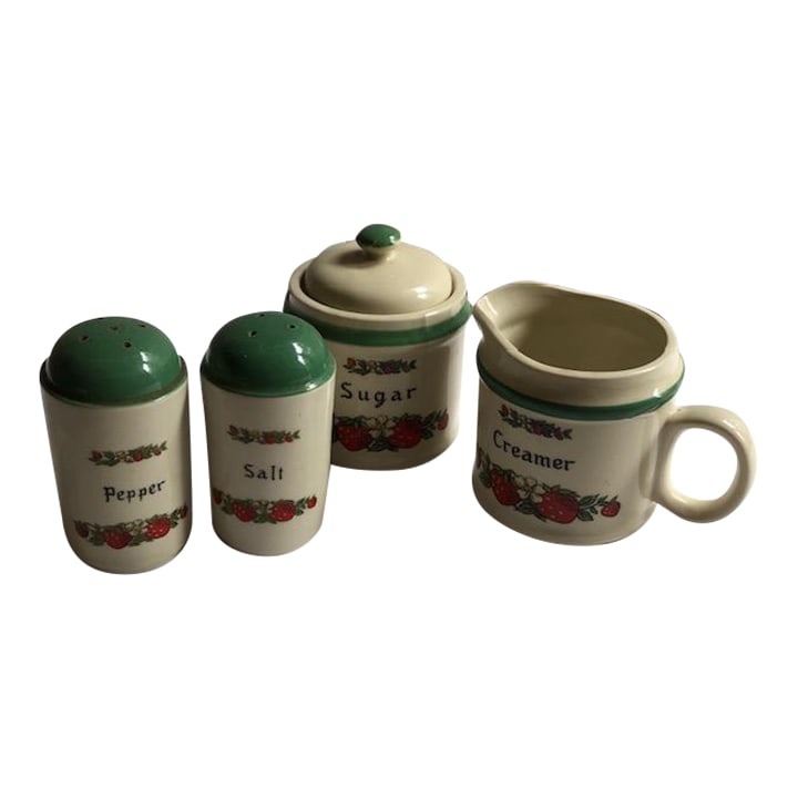 Mid 20th Century Strawberry Ceramic Kitchen Set of Sugar Creamer Salt Pepper: Charming kitchen set with strawberry design - mid-20th century sugar bowl with lid, creamer, salt and pepper. Made of ceramic. Made in Japan and stamped on bottom. Condition: Alterations: Original Con