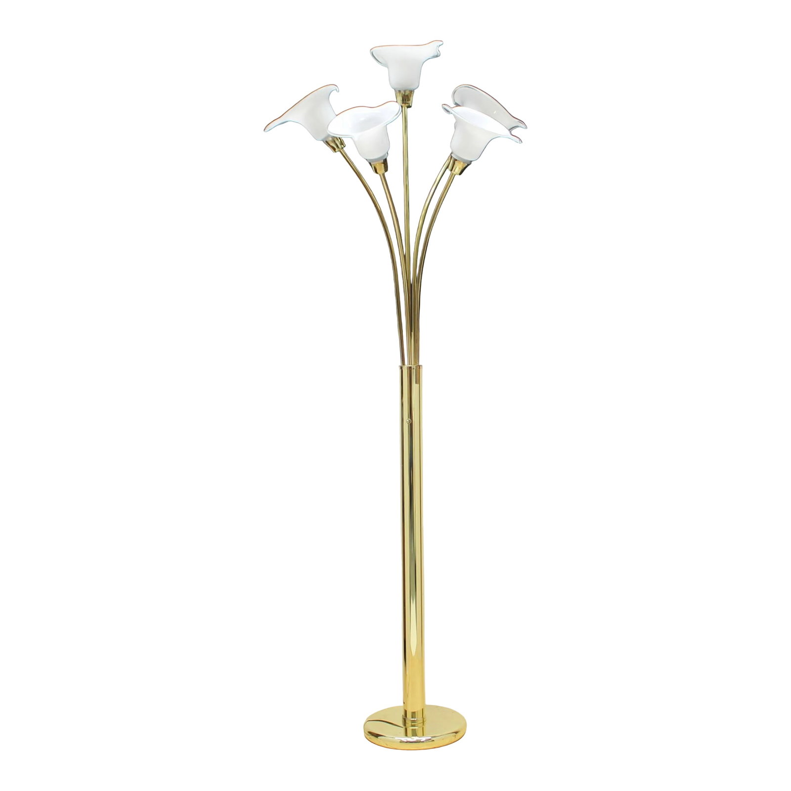 Glass Calla Lilly Floor Lamp Murano | 5 Lights: Vintage Murano glass calla lily flower and brass floor lamp with 5 brass arms, each with a white glass lily shade holding a standard sized light bulb Switch on center pole offers 3 lighting options: 5