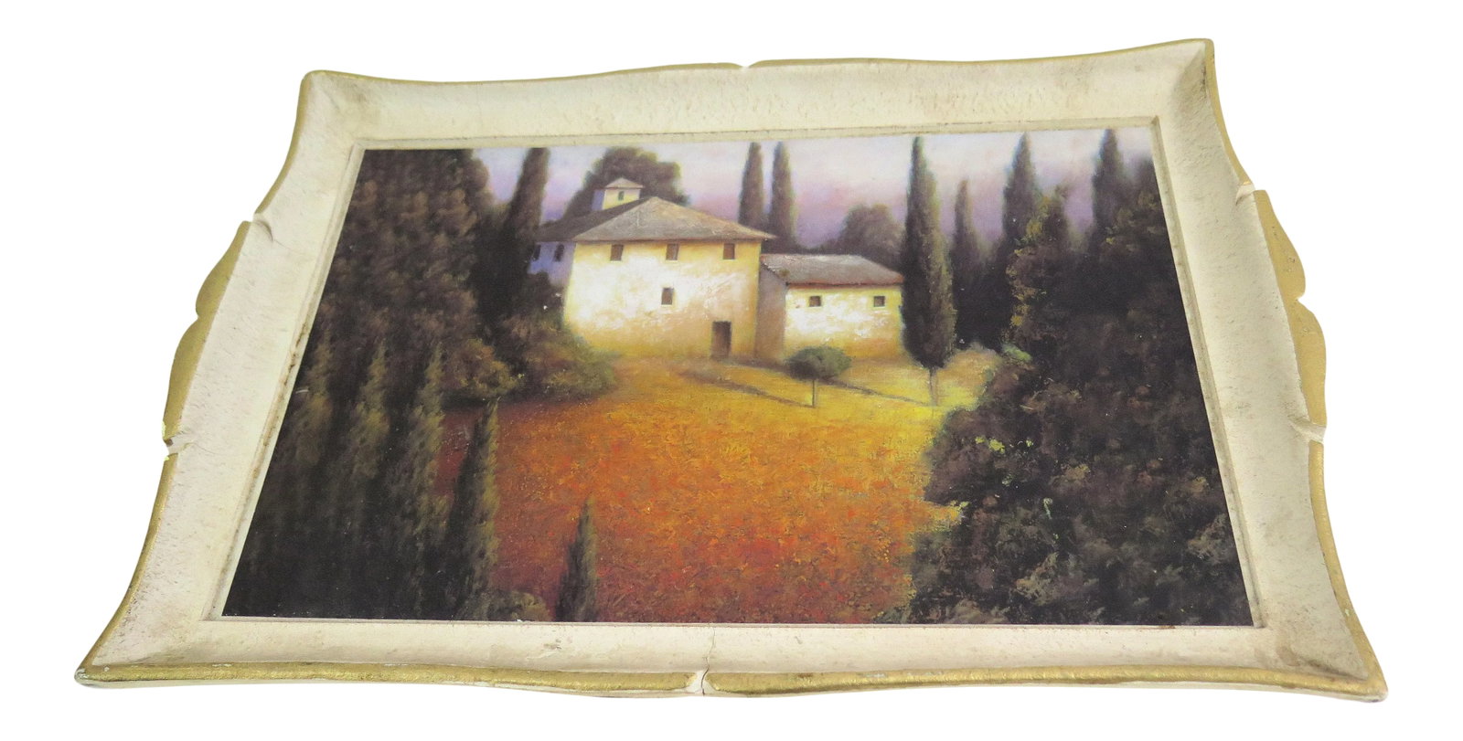 Vintage 1960s Italian Painted Tray: This tray is a beautiful example of Italian imports in the 1970s. The tray depicts a painted Italian forest, fields, and manor house scene. It has the "Made In Italy" tag on the back of the tray. I fo