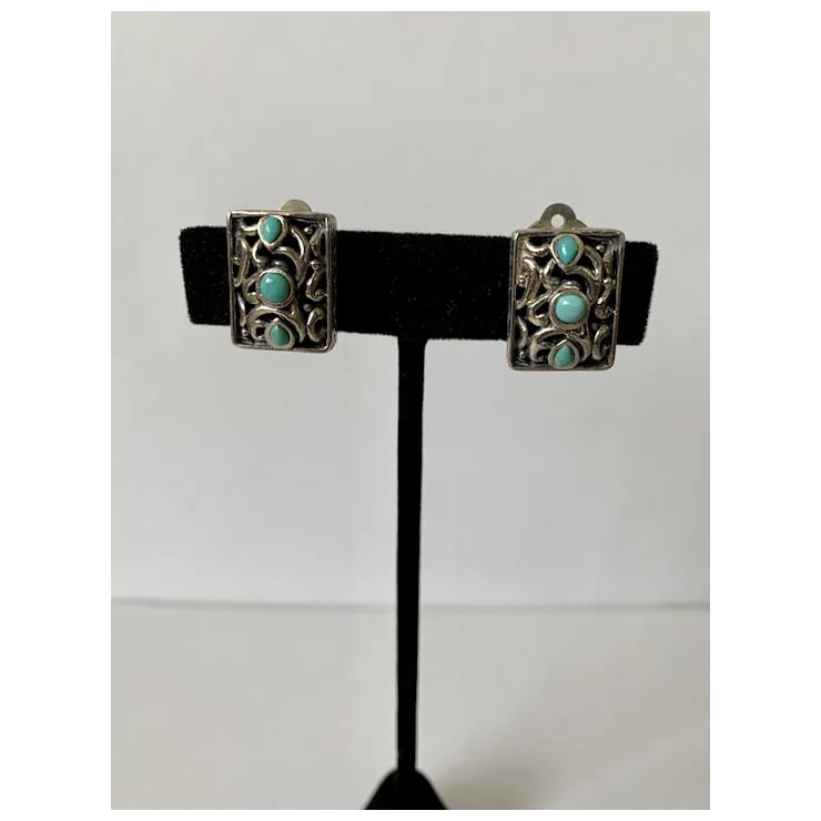 Late 20th Century Sterling and Turquoise Clip-On Earrings, A Pair - 12