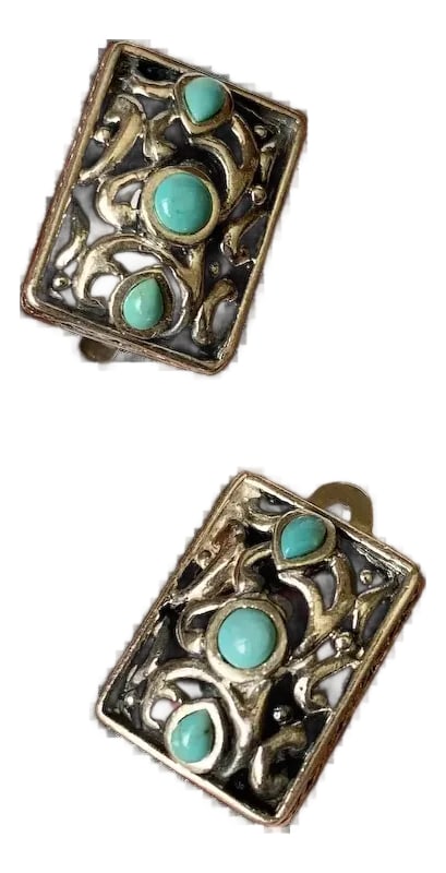Late 20th Century Sterling and Turquoise Clip-On Earrings, A Pair: These earrings have wonderful detailing that reminds me of John Hardy. They are a fantastic size, measuring 1/2 x 3/8". The filigree work is present on all sides of the rectangular design, and each ha