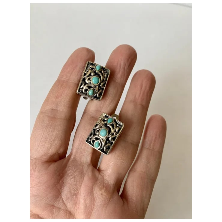 Late 20th Century Sterling and Turquoise Clip-On Earrings, A Pair - 2