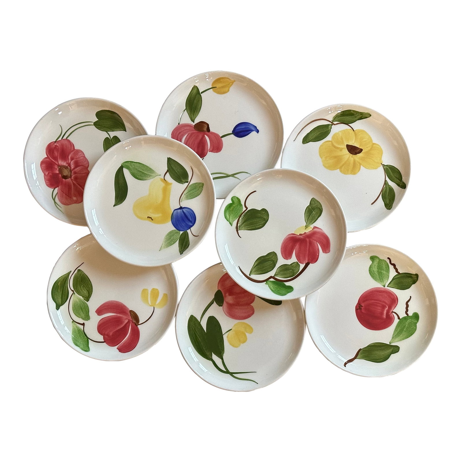 Mid 20th Century Stetson Hand Painted Plates Set of 8 for Dessert, Salad, Bread, or Hor'dourves: Made circa 1950 in Lincoln, Illinois by Stetson, each plate in this set of eight (8) small dishes has a different hand-painted floral or fruit design. The versatile vintage plates can be used for brea