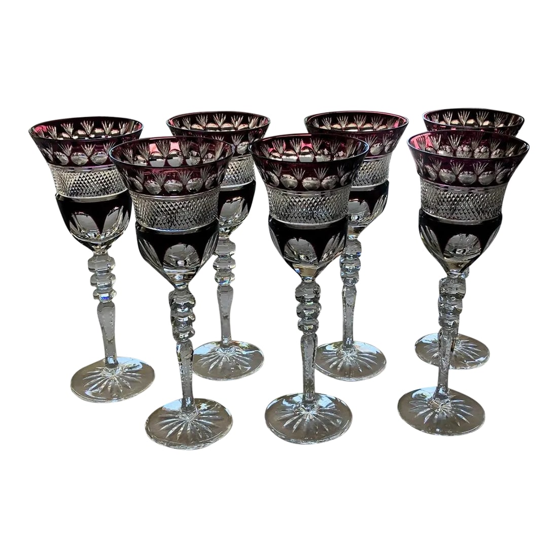 Early 20th Century Justin Tharaud Amethyst Crystal Wine Glasses / Goblets - Set of 7 (1 of 8)