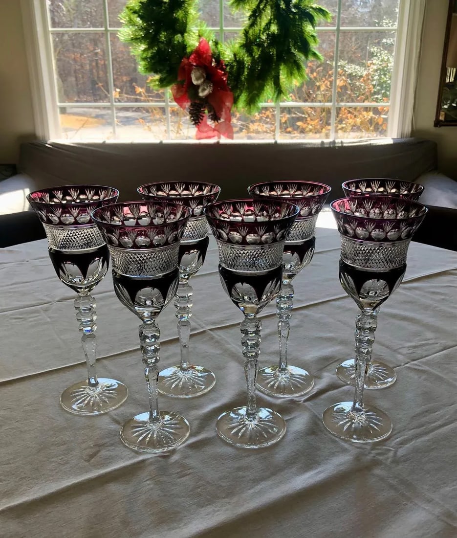 Early 20th Century Justin Tharaud Amethyst Crystal Wine Glasses / Goblets - Set of 7 - 8
