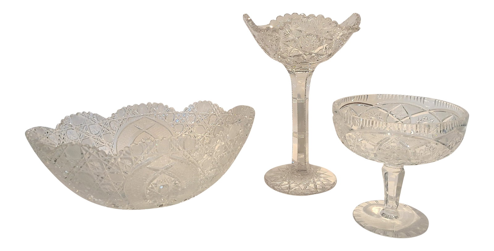 Vintage Czech Bohemian Queens Lace Bowl Set - 3 Pieces: 24% lead crystal in mint condition. No cracks, no scratches, no chips. Decanter 10 1/2" x 3 7/8 square. Pitcher 10" x 5 1/2 and 7" from spout to handle. Four glasses square shape and four glasses