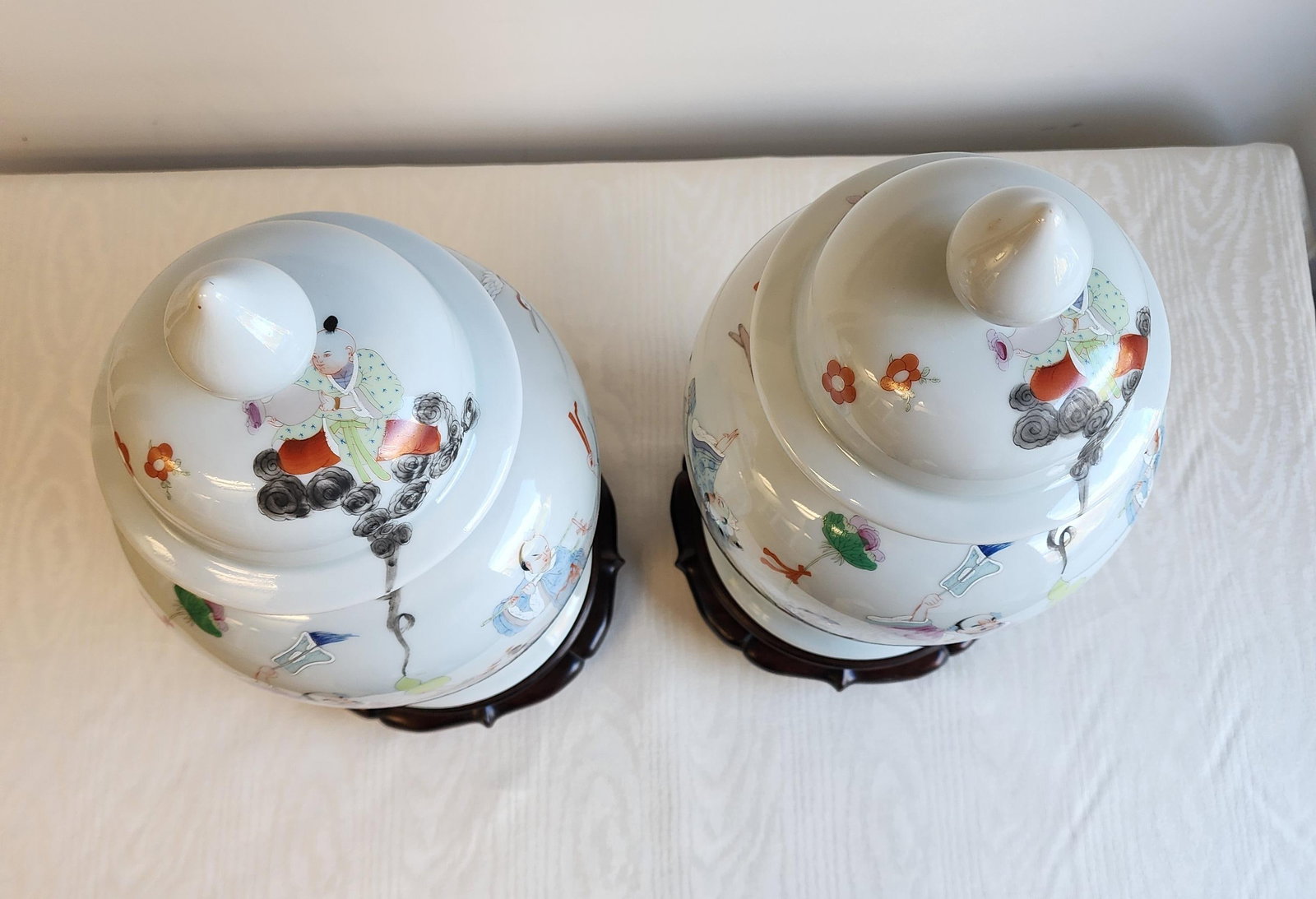 Antique Famile Rose Porcelain Baluster Urns With Carved Wooden Stands - A Pair - 12
