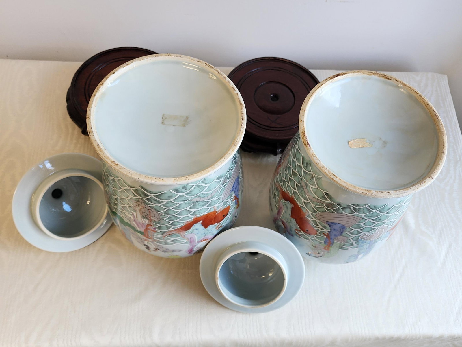 Antique Famile Rose Porcelain Baluster Urns With Carved Wooden Stands - A Pair - 13